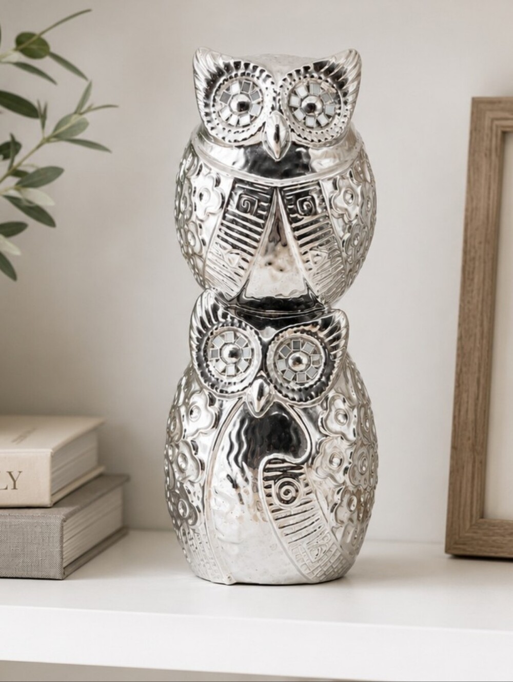 Silver Ceramic Stacked Owls